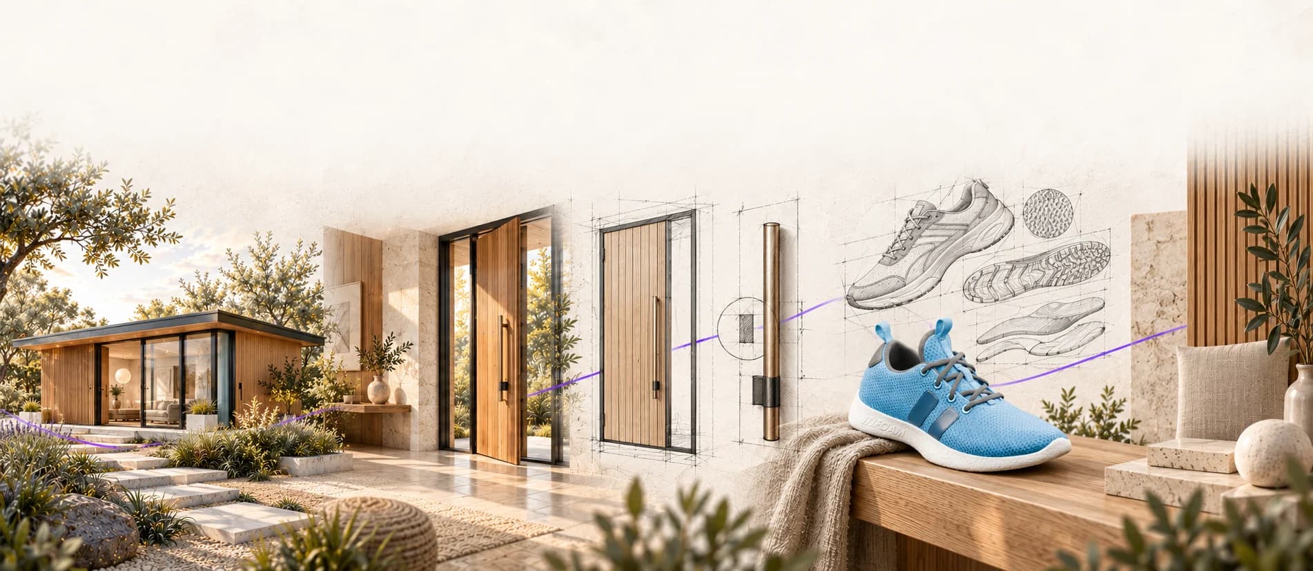 A garden pavilion and timber entrance blend into architectural drawings and a blue trainer