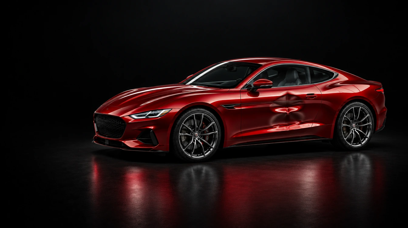 A complete red coupe, with its door restored to a smooth finish — illustrative repair sequence