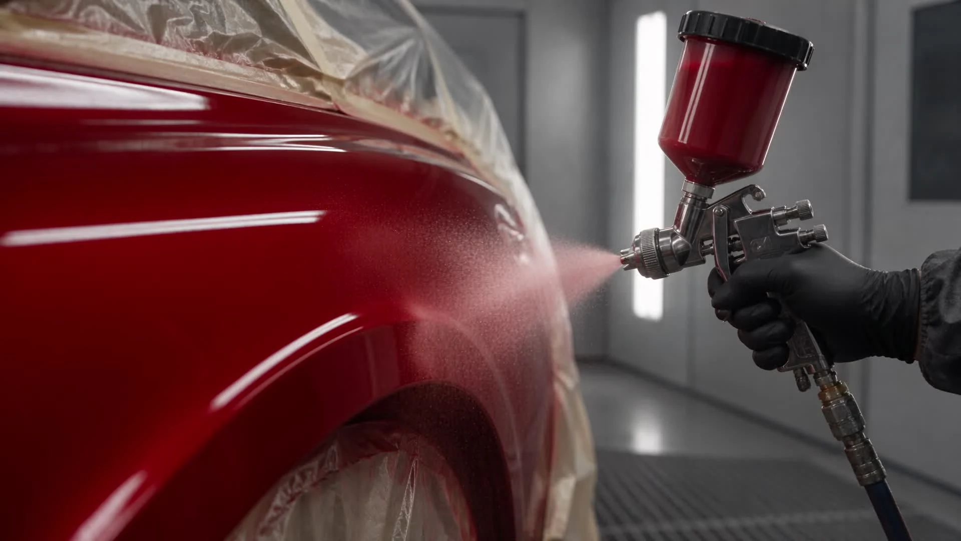 Close-up of a spray gun applying red paint to a vehicle — concept film