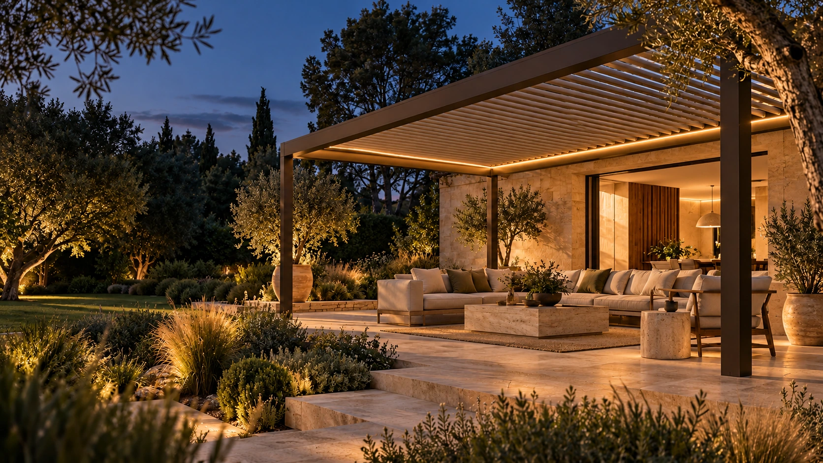 The same Aven terrace with warm evening lighting
